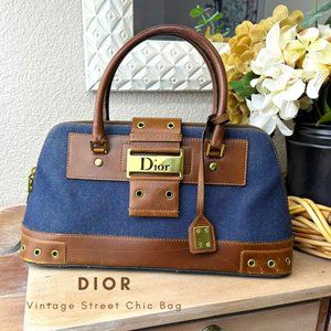 Vintage Dior Paris Street Chic Blue Denim & Leather Trim Top Handle Satchel Bag